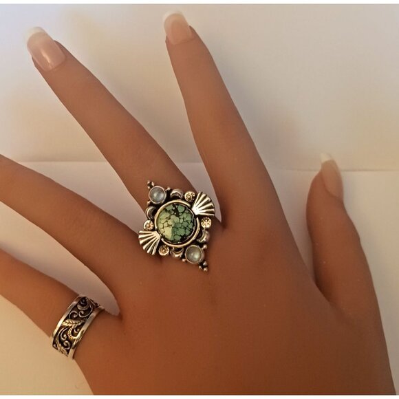 Tibetan Turquoise Moonstone Sterling Ring sz.11 (1569) - Picture 4 of 7